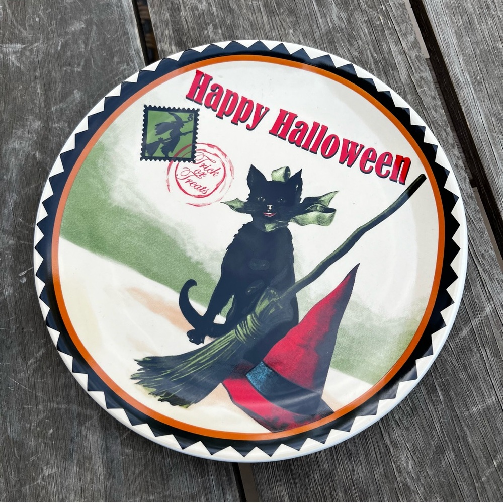 Retro Vintage Halloween Decorative Black Cat Witches Hat and Broom Ceramic Plate
